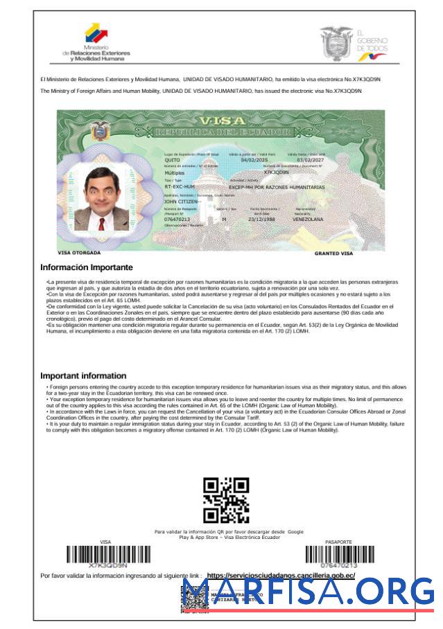 Printable Ecuador travel visa template in Word and Pdf formats, version 2
